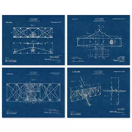Vintage Wright Brothers Flying Machine Patent Poster Prints, Set of 4 (8x10) Unframed Photos, Wall Art Decor